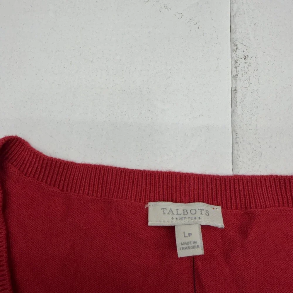 Talbots Sweater Womens Petite PL Red V Neck Long Sleeve Tight Knit Pullover